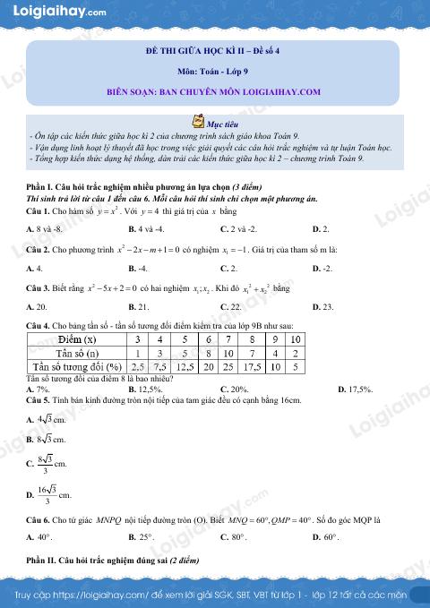 Đề thi giữa kì 2 Toán 9 - Đề số 4